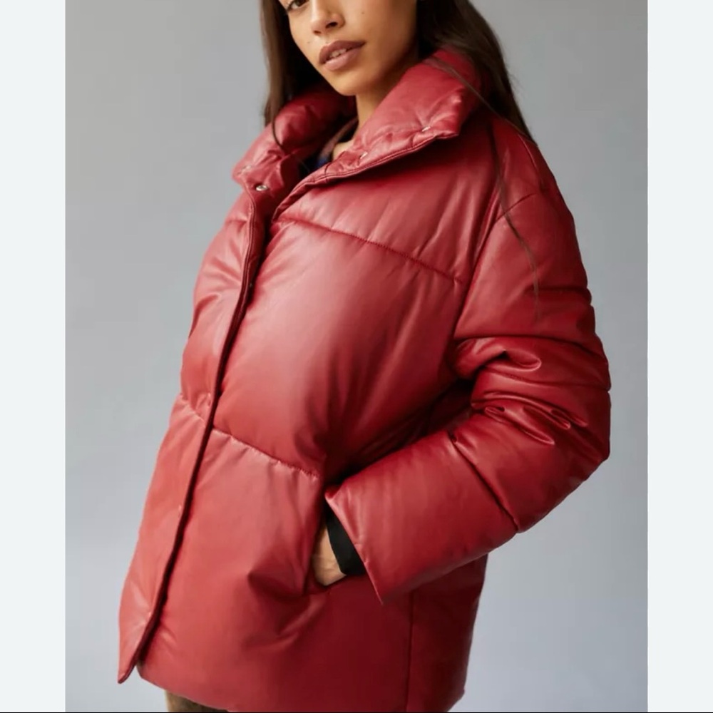 Avec Les Filles red leather puffer button up coat